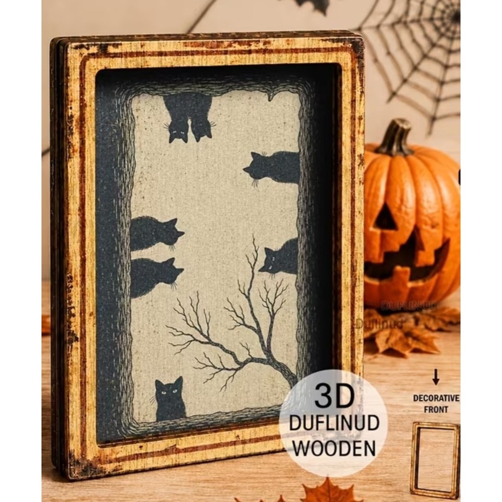 Wooden Black Cat Grave Halloween Refrigerator Magnet Spooky Tree Decor